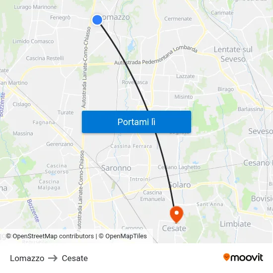 Lomazzo to Cesate map