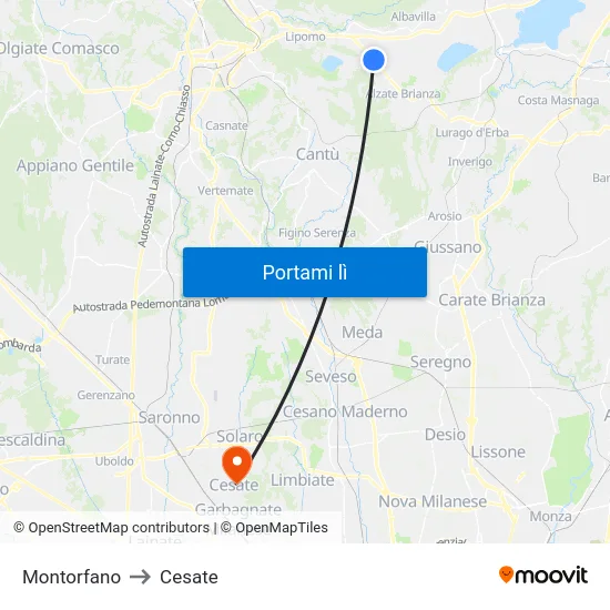 Montorfano to Cesate map
