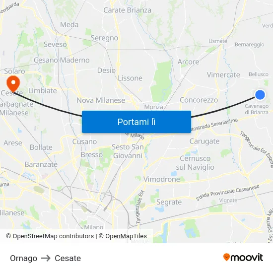 Ornago to Cesate map
