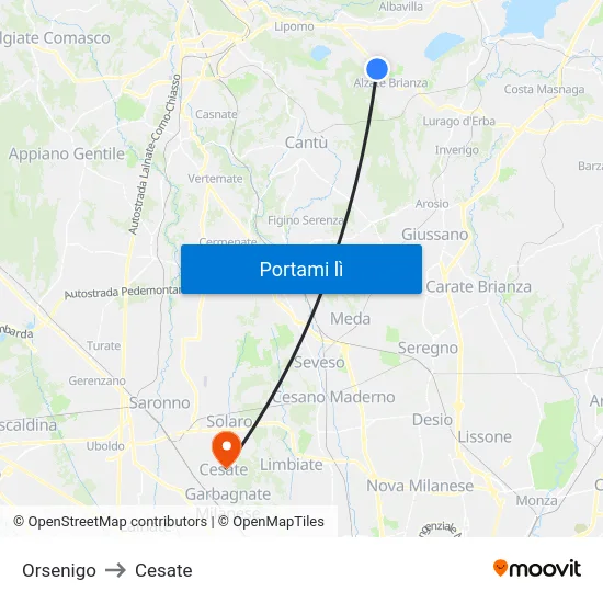 Orsenigo to Cesate map