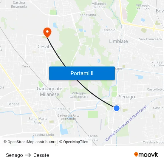 Senago to Cesate map