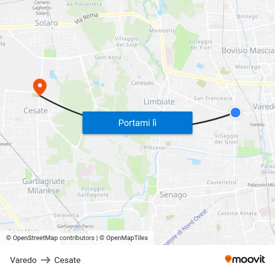 Varedo to Cesate map