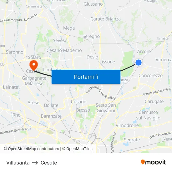 Villasanta to Cesate map
