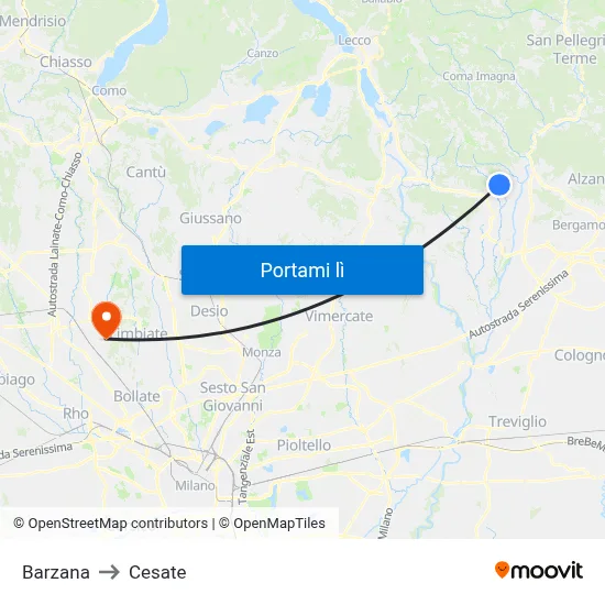 Barzana to Cesate map