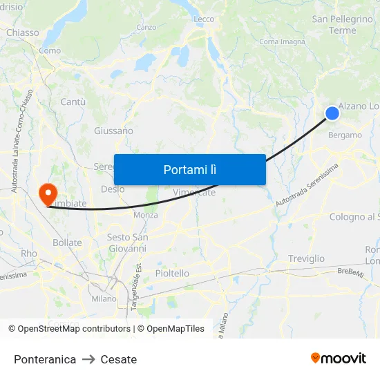 Ponteranica to Cesate map
