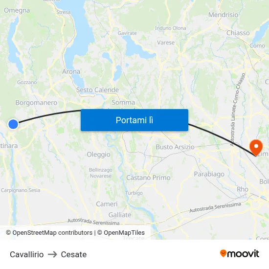 Cavallirio to Cesate map