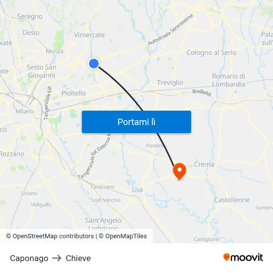 Caponago to Chieve map