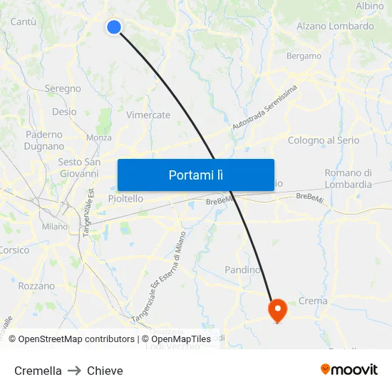 Cremella to Chieve map