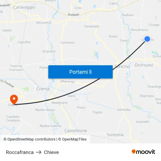 Roccafranca to Chieve map