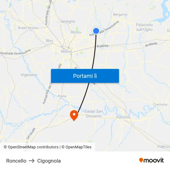 Roncello to Cigognola map