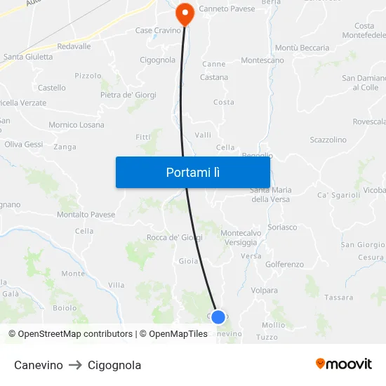 Canevino to Cigognola map