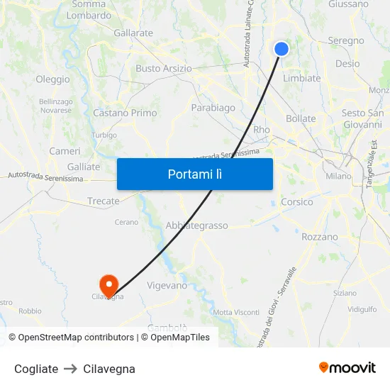 Cogliate to Cilavegna map