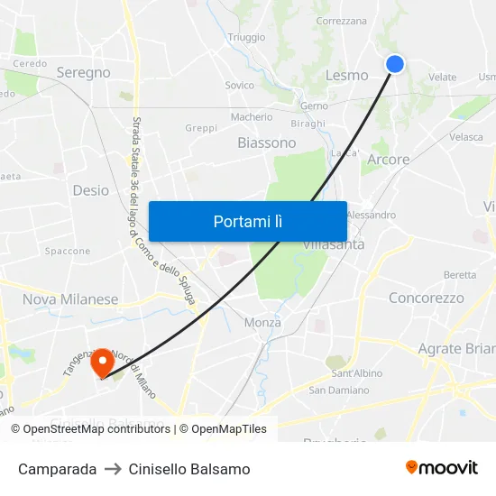 Camparada to Cinisello Balsamo map