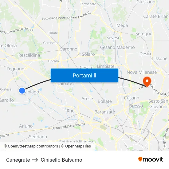 Canegrate to Cinisello Balsamo map
