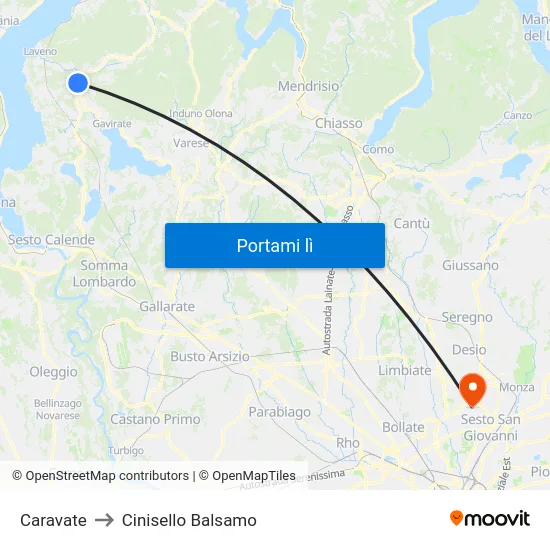 Caravate to Cinisello Balsamo map