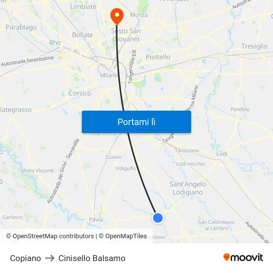 Copiano to Cinisello Balsamo map