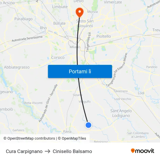 Cura Carpignano to Cinisello Balsamo map