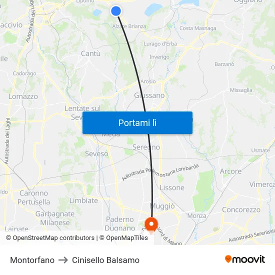 Montorfano to Cinisello Balsamo map