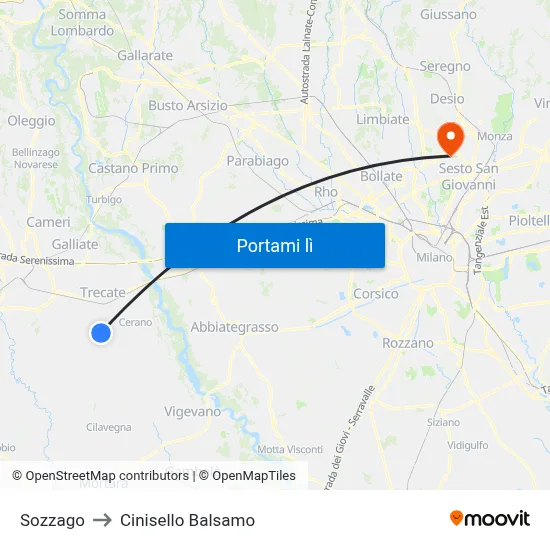Sozzago to Cinisello Balsamo map