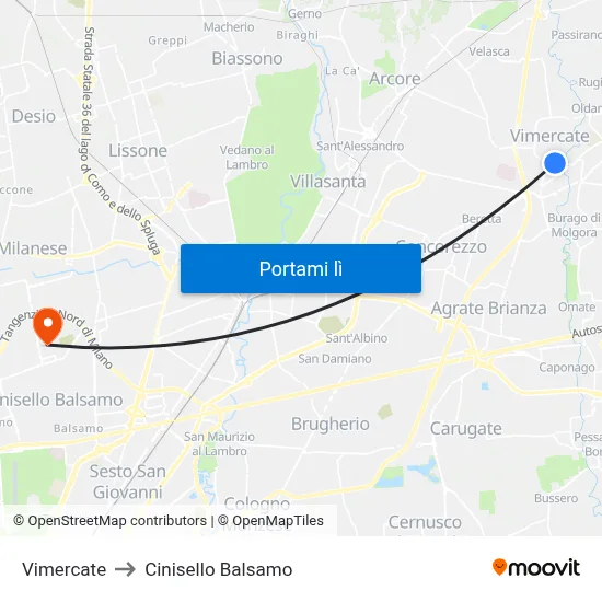 Vimercate to Cinisello Balsamo map