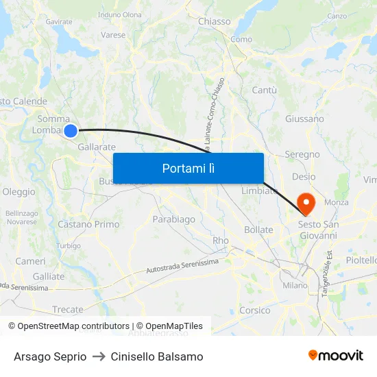 Arsago Seprio to Cinisello Balsamo map