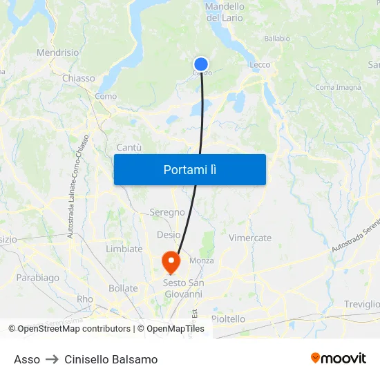 Asso to Cinisello Balsamo map