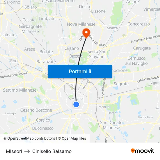 Missori to Cinisello Balsamo map