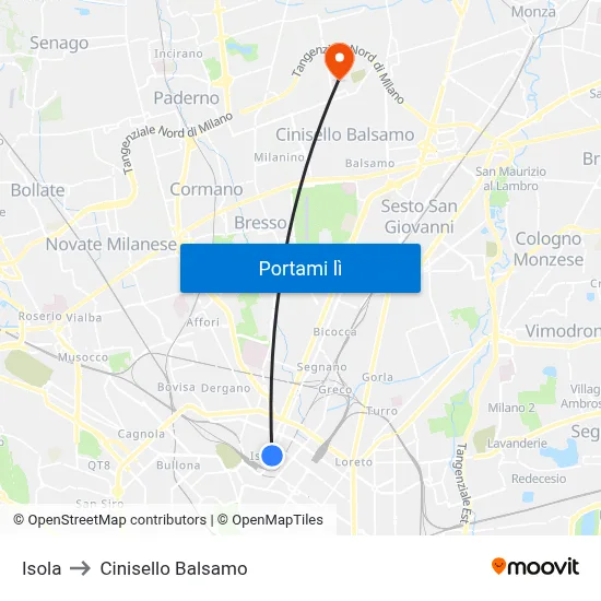Isola to Cinisello Balsamo map
