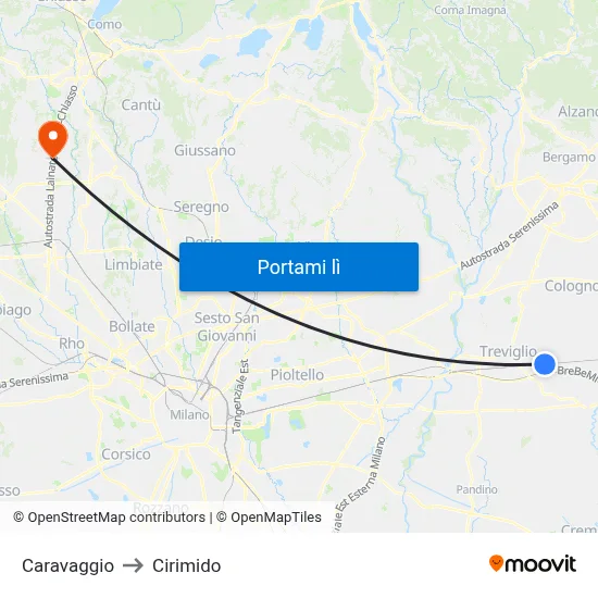 Caravaggio to Cirimido map