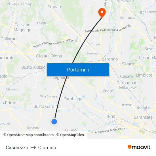 Casorezzo to Cirimido map