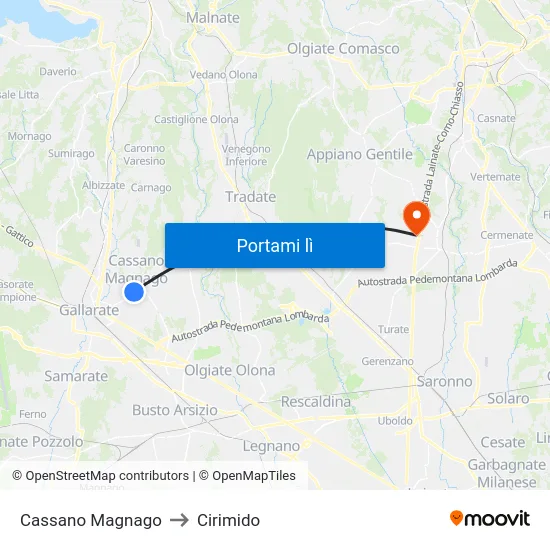 Cassano Magnago to Cirimido map