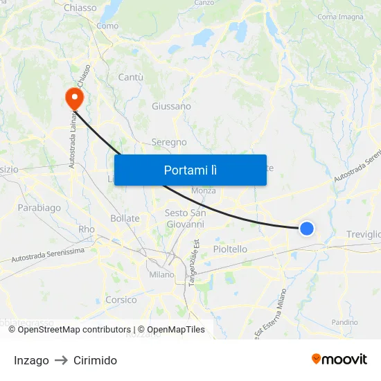 Inzago to Cirimido map