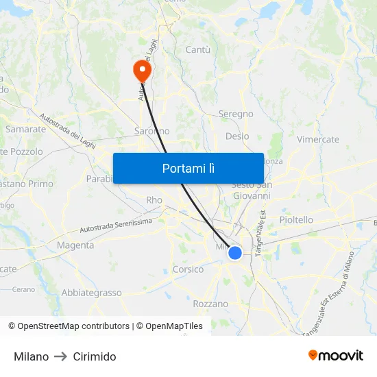 Milano to Cirimido map