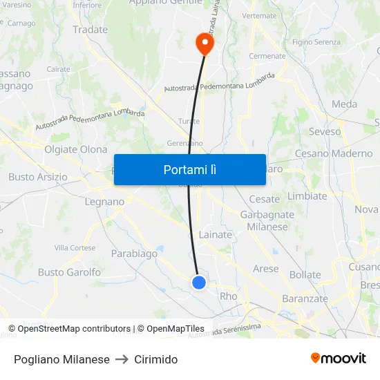 Pogliano Milanese to Cirimido map