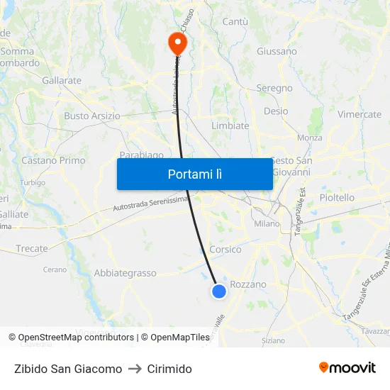 Zibido San Giacomo to Cirimido map