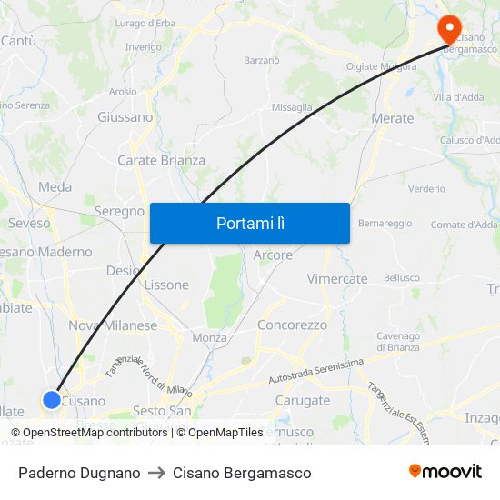 Paderno Dugnano to Cisano Bergamasco map