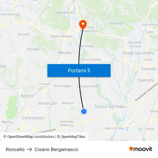 Roncello to Cisano Bergamasco map