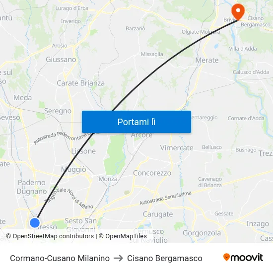 Cormano-Cusano Milanino to Cisano Bergamasco map