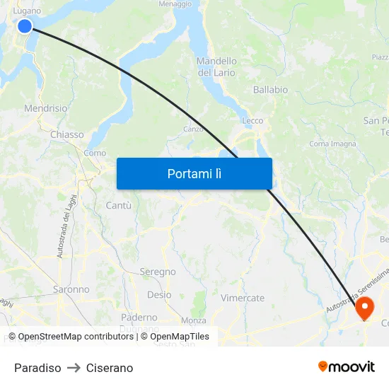 Paradiso to Ciserano map