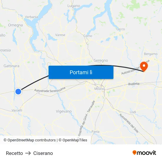 Recetto to Ciserano map