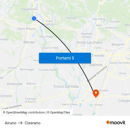 Airuno to Ciserano map