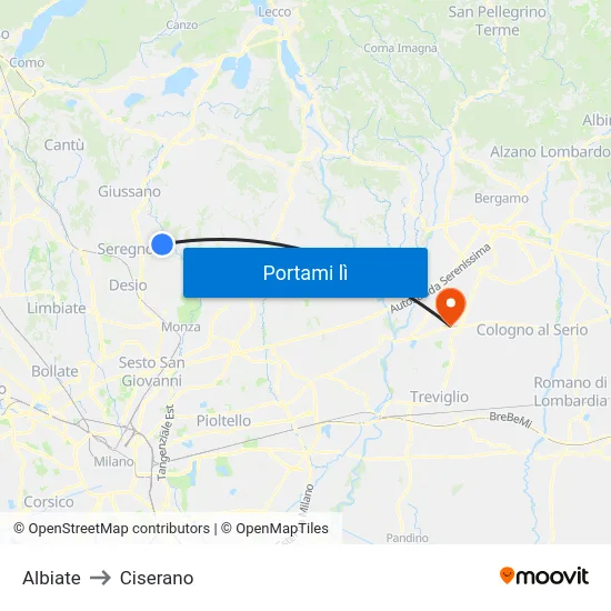 Albiate to Ciserano map