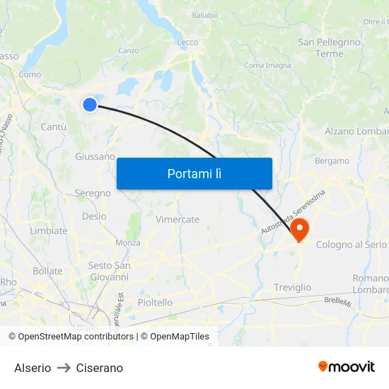 Alserio to Ciserano map