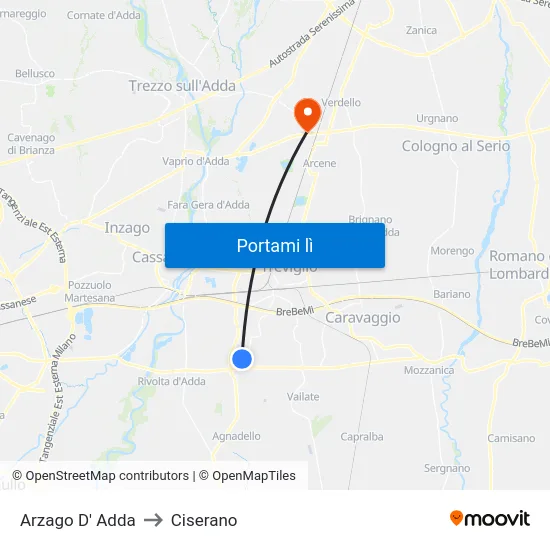 Arzago D' Adda to Ciserano map