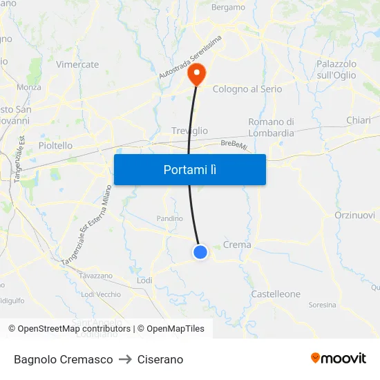 Bagnolo Cremasco to Ciserano map