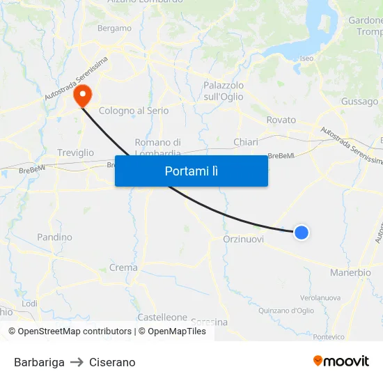 Barbariga to Ciserano map