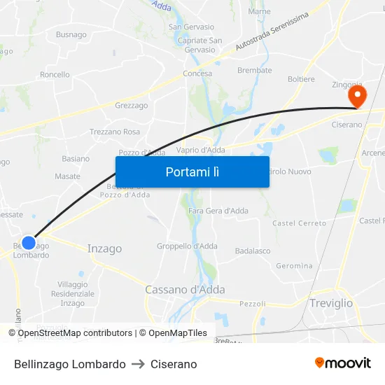 Bellinzago Lombardo to Ciserano map
