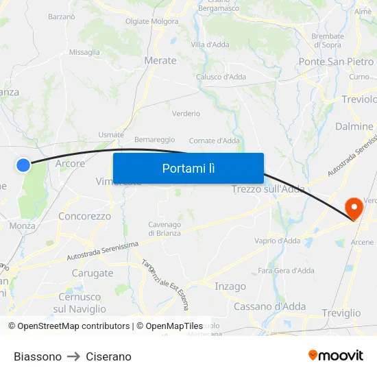 Biassono to Ciserano map