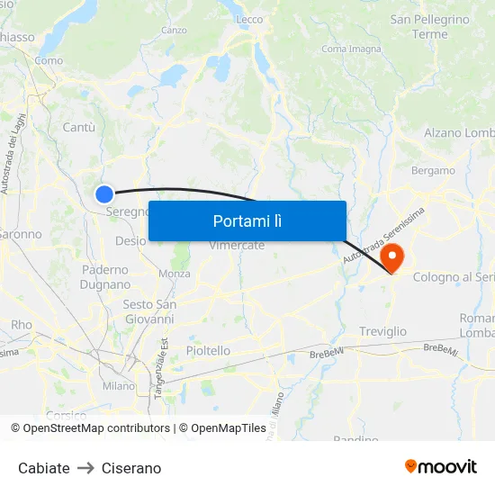 Cabiate to Ciserano map