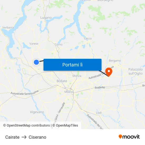 Cairate to Ciserano map